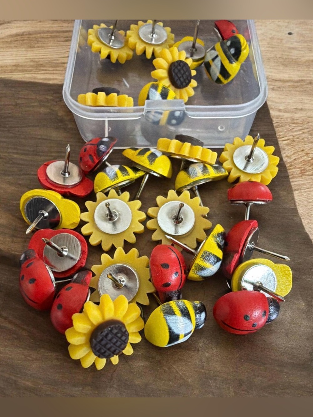 Cute Sunflower, Bee & Ladybug Decorative Push Pins - Bright Yellow & Red 30 Piec